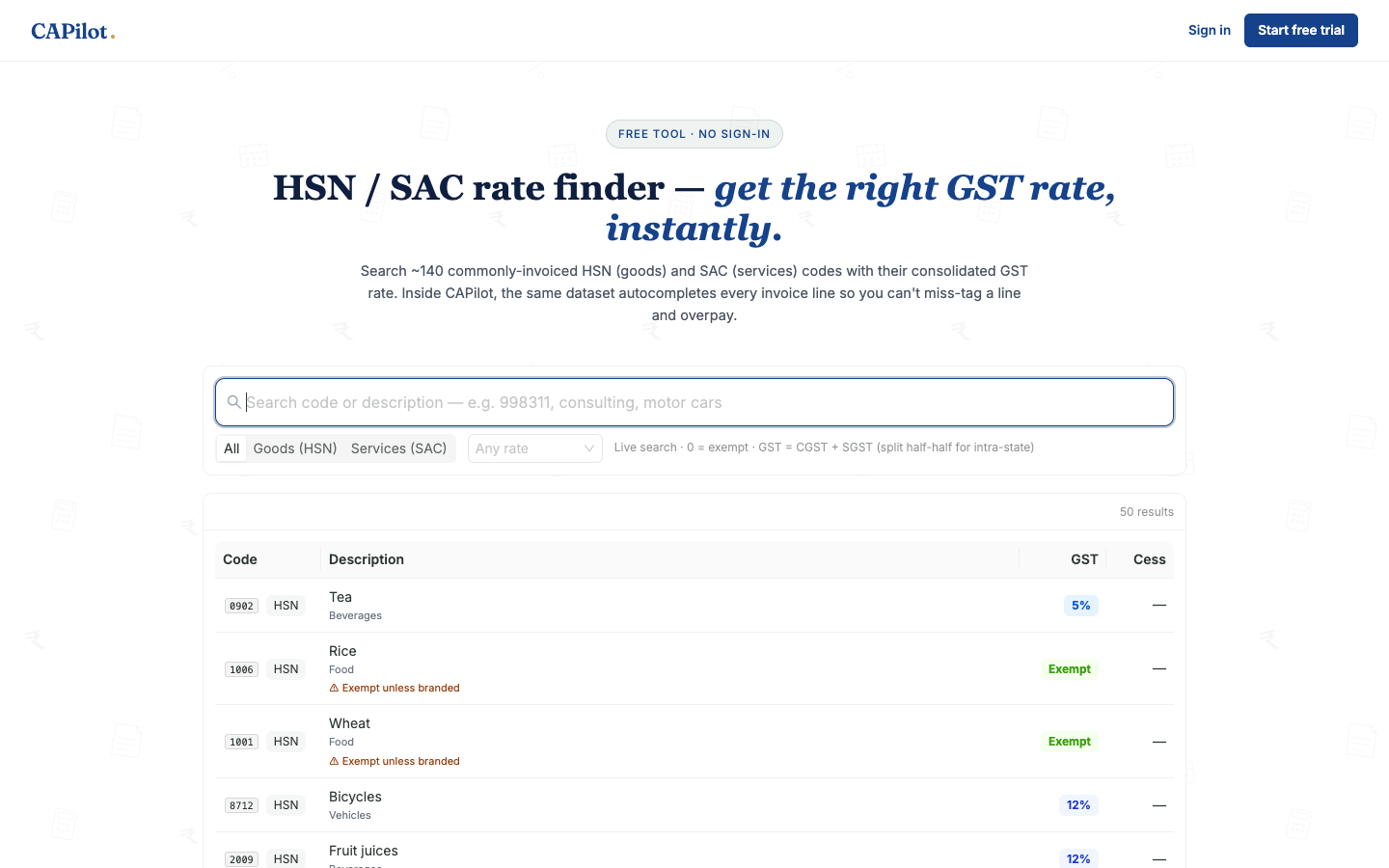 HSN rate finder